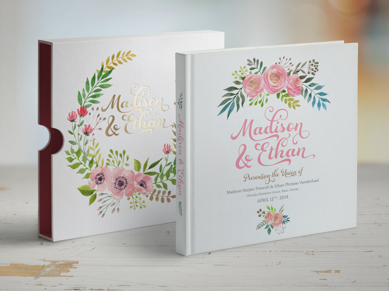 Branded Photo Book album book wedding photography graphic design illustration floral pink packaging gold foil pretty fancy