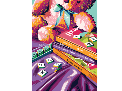 A Glimpse of my Childhood classic books flat illustration popart reminiscence scrabble still life vector