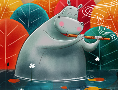 hippo with flute children book illustration digital art digital illustration illustrations