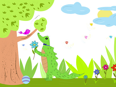 a crocodile gives a flower to a bird, artwork card isolated love вектор дизайн иллюстрация красиво крокодил логотип пейзаж птица рисунок фон цветы