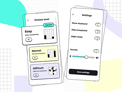 Crossword solving app abstarct abstraction app design application chart crossword crosswords game game design gameapp games level leveldesign pastel pastel color setting settings ui sounds toggle ui