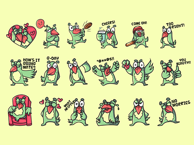 Funny Birdie Emoji Set bird emojis emoticons f1digitals green illustrations love birds stickers