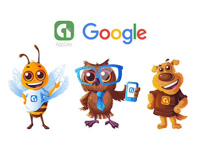 Mascot Designs For Google “AppDev” Team | F1 Digitals animals appdev bee character design dog f1 digitals google illustration meerkat owl vector