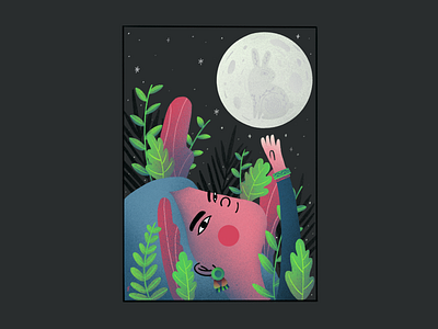 Ella y la luna bunnymoon digital illustration illustration luna moon moonlight plants procreate procreate art women