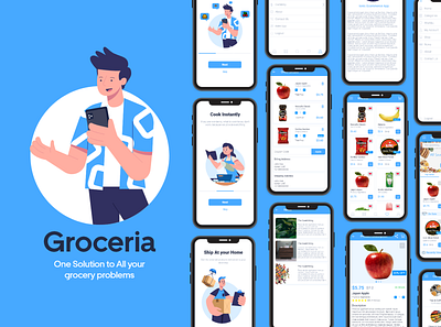 Groceria - one solution to all your grocery problems app branding design designer e commerce illustration minimal typography ui ux