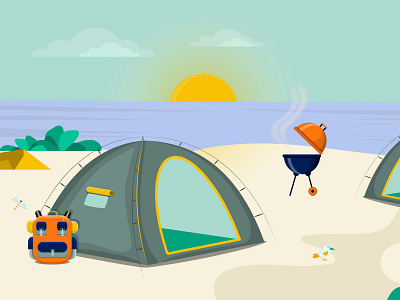 Camping parking on sandy beach near lake. flat vector illustrati