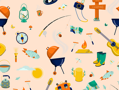 Pattern of camping elements. Flat vector illustration. forest