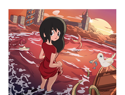 brave one adventure anime cartoon cg city digital art dress girl illustration procreate red sea seagul sunset