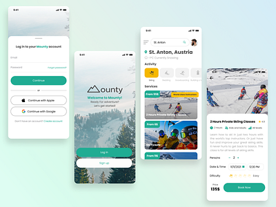 Mounty - IOS Application for booking winter outdoor activities app booking booking app clean design clean ui dailyui date picker green ios ios application login login screen logo design mobile mobile app modern design skiing app splash screen uxui winter
