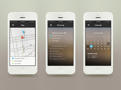 Roadtrip : a co-travel app 3 app book calendar flat iphone map roadtrip travel ui ux weather