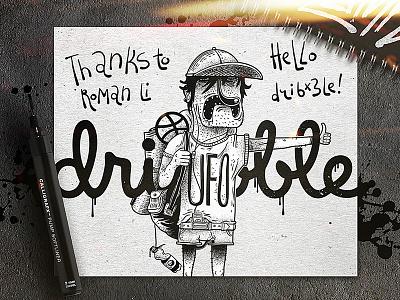 HelloDribbble! dribbble hello illustration inks marker paint paper sketch tattoo ufo