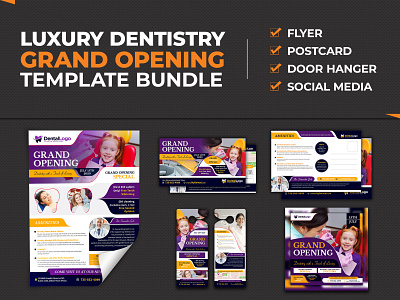 Luxury Dentistry Grand Opening Clinic Marketing kits bundle branding cosmetic dentistry dental dental assistant dental care dental clinic dental hygienist dental implants dentist dentistry dentistry life dentistry world door hanger flyer implant minimal postcard print template design social media ad