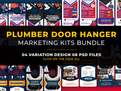 Plumber Door Hanger Template Bundle business clogged toilet commercial construction drainage emergency faucet faucet drains fixture repair gutter handyman installation leak modern plumber plumber door hanger plumbing service promotion publication templatebundle