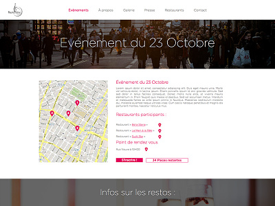 RestoRallye Single Event Page company constrast design flat food icons map minimal restaurant web
