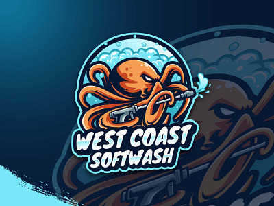 West Coast Softwash bold logo cleaner design esports gaming illustration kraken logo logos mascot octopus softwash sports logo wash water