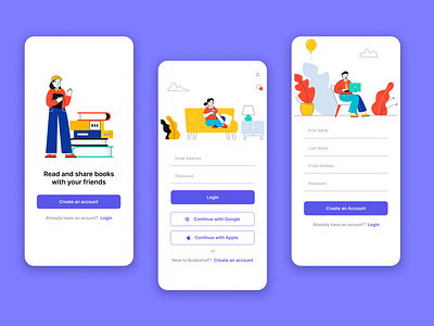 Bookshelf - Login, Registration app branding create account dailyui dailyui 001 flat illustration login product design register signup ui ux