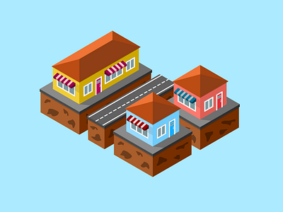 Isometric Neighbourhood cube house houses illustration isometric road shop square town village