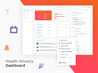 Wealth Advisory Dashboard clients dashboard data visualization desktop enterprise financial icons interface tasks ui ux widget