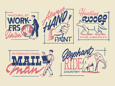 Stamps type composition elephant handpainted icons iconset illustration lettering mailman signpainting type typography wolf workers