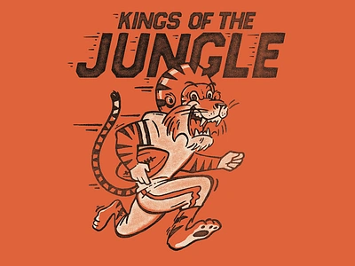 RUMBLE IN THE JUNGLE bengals cat cincinnati football hand drawn illustration insperation jungle mascot mascot design ohio orange retro running screenprint shirtdesign simple tiger vintage