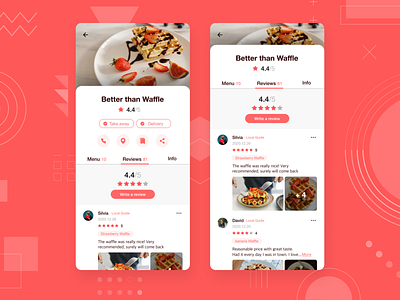 Restaurant Review App app dailyuichallenge dessert flat food mobile mobile app mobile app design rating review reviews ui ux vector