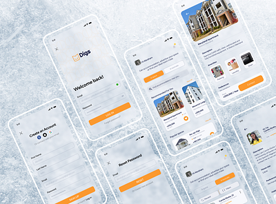 DIGS UI/UX app clean design glassmorphism housing minimal mobile room roommate space ui uidesign uiux ux