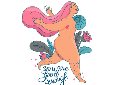 Pink Haired Naked Woman Running Freely. body character illustration motivational quotes naked positive running woman