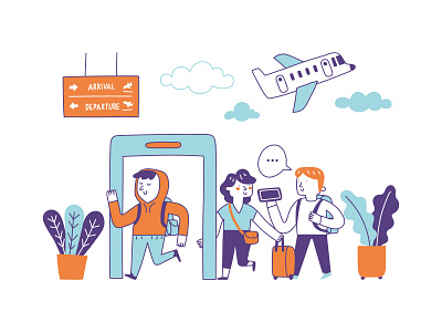Traveling with friends airplane airport arrival deperature drawing friends friendship hangout holiday holidays illustration illustration art illustrations quality time travel traveling