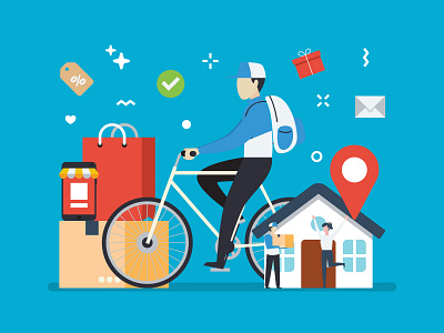 Bicycle Messenger biker bycicle courier customer illustration illustration art illustrations online shop online shopping package shopping