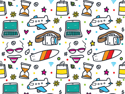 Travel Doodle Pattern airplane beach bikini camera doodle drawing holiday illustration illustration art illustrations laptop pattern summer surfing surfing board travel vacation