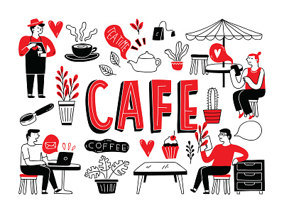Hangout at Cafe barista cafe coffee coffee cup coffee shop coworking coworking space drawing hangout hangouts illustrations laptop reading tea tea time working