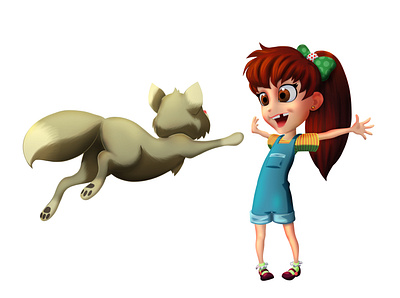 Girl and her cat cartoon cat girl happy illustration