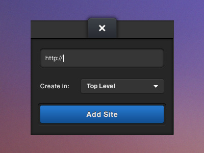 Type your URL blue buttons close dashboard feed folder form gray new site rss sidebar ui