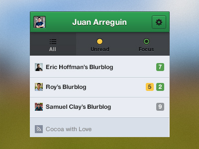 New Green app application avatar counter dashboard feed filter gray green juan arreguin nav number profile rss settings sidebar site ui webapp yellow