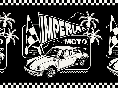 Imperial Moto Cafe badge branding car design flag graphic illustration lockup logo palmtree porsche 911 race
