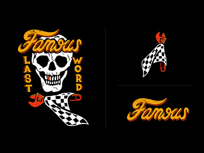 Famous Last Word badge branding checkered flag design famous graphic hand done icon identity illustration lockup logo racing script skull tshirt type typography vector wrench