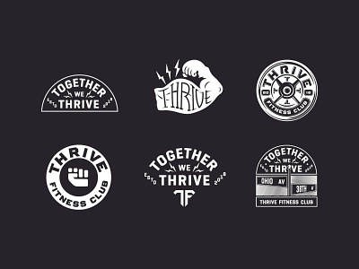 Thrive Sticker Pack badge branding design fist fitness graphic identity illustration lifting lightning bolts lockup logo muscle tshirt type typography weights