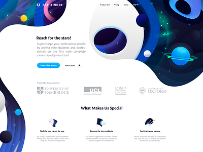 Career Development Full Website 2018 trends abstract app blue career app contrast landing page moon planets software space theme ux design website