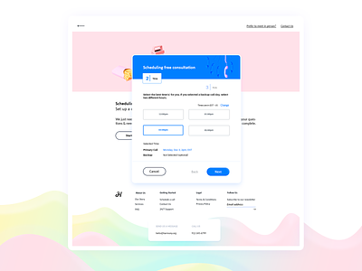 Help Page & Time Scheduler Pop-Up Form [Harmony][4] 2018 blue calendar call form form elements information loading next options pastel colors pink pop up window scheduler steps uid uxd