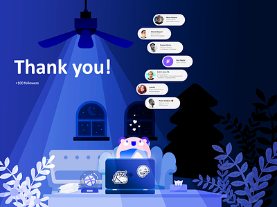 Thank You!! 🙌🏻 🎉(+100 Followers ) 100 followers armchair christmas christmas tree couch desk dribbble globe furniture laptop letters light moon my room night plants stars stickers thank you window work space