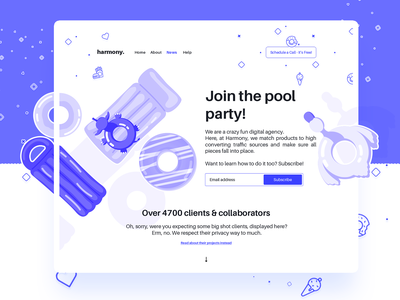 Home Page Design agency collaboration digital hero website icons illustrations inflamable balloon landing page party pool party presentation subscribe form ui elements user interface