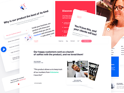 Product Landing Page & Testimonials card style clean features icons landing page people photo physical product polaroid product page selfie services testimonials ui ux design web design website