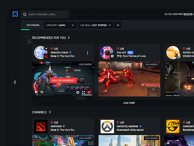 Live game streaming platform : Streaming Categories browse category channels concept cta dark interface gaming platform streaming user experience user inteface users video watch website