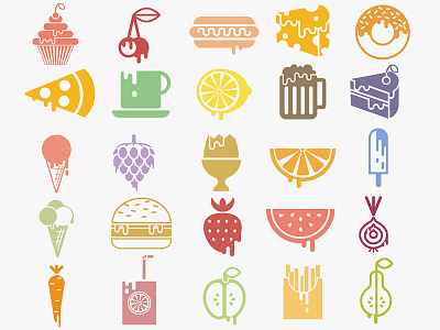 dripping icons in colours carrot chips cup egg hamburger hotdog icons juice lemon onion pear strawberry