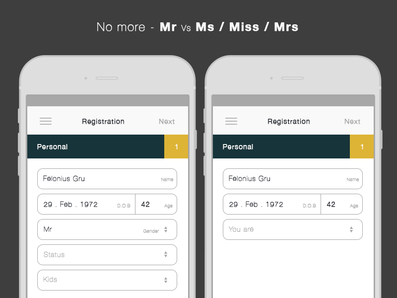 No more - Mr Vs Ms/Miss/Mrs clean flat forms gender iphone6 minimalistic mobile ui