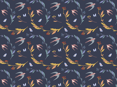 Bird`s seamless pattern 2 birds butterfly dark background design floral seamless pattern
