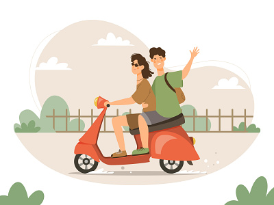 Fun ride on scooter character delivery drive enjoy flat fun girl graphic design guy happy illustration journey man motorcycle people ride scooter trip vector woman