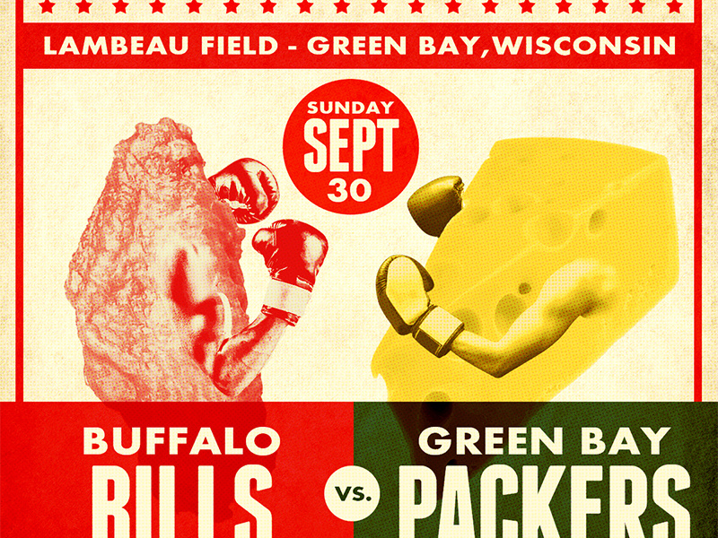 Bills vs. Packer Matchup cheese chicken wing green bay packers design old school nfl sports design boxing vintage poster vintage retro buffalo bills football sports buffalo