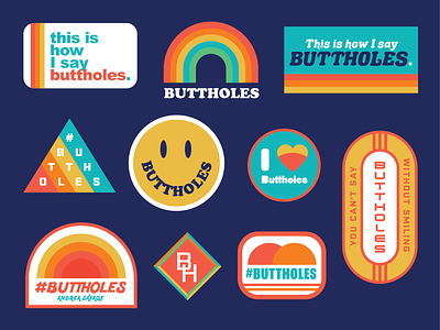 Buttholes Stickers - Andrea Savage andrea savage badge buttholes colorful design grown up illustration im sorry logo podcast retro thick lines vector