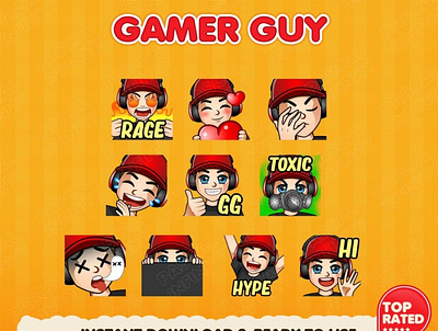 Twitch Emotes / 6 Cute chibi emoji emotes for streamers / kawaii brunette  girl stream emoji gg hype rage lol